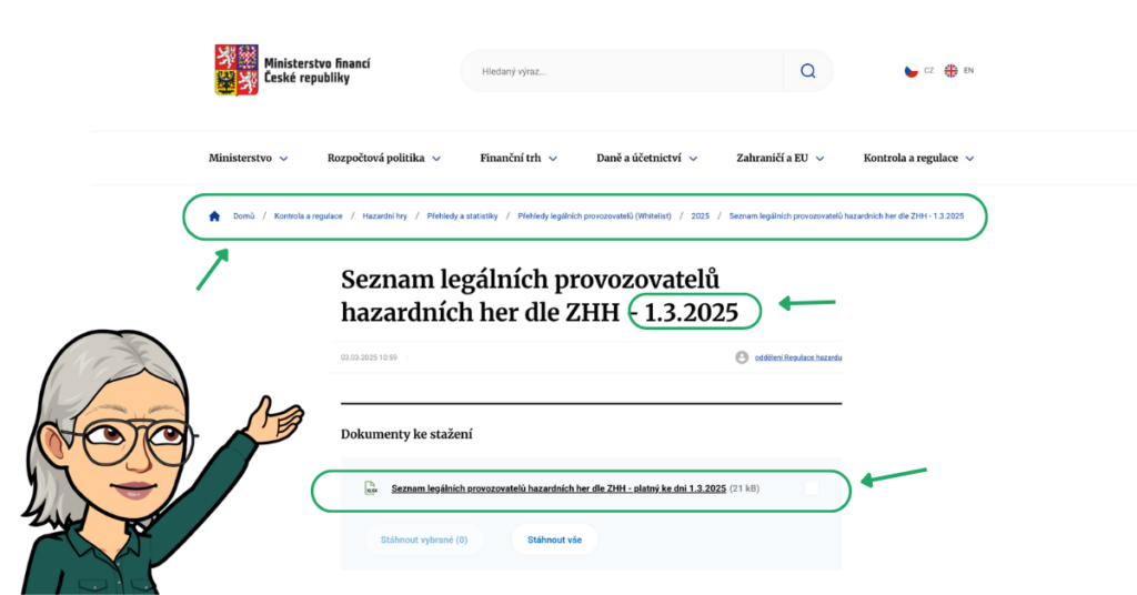 Ověření legálního provozovatele online casina lze provést na oficiálních stránkách Ministerstva financí ČR (MFČR), vyhledej sekci Kontrola a regulace → Hazardní hry → Přehledy a statistiky → Přehledy legálních provozovatelů (Whitelist)